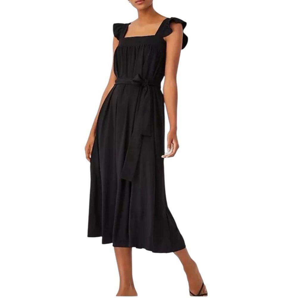 Ann Taylor black ruffle sleeve tie belt midi dress size 8